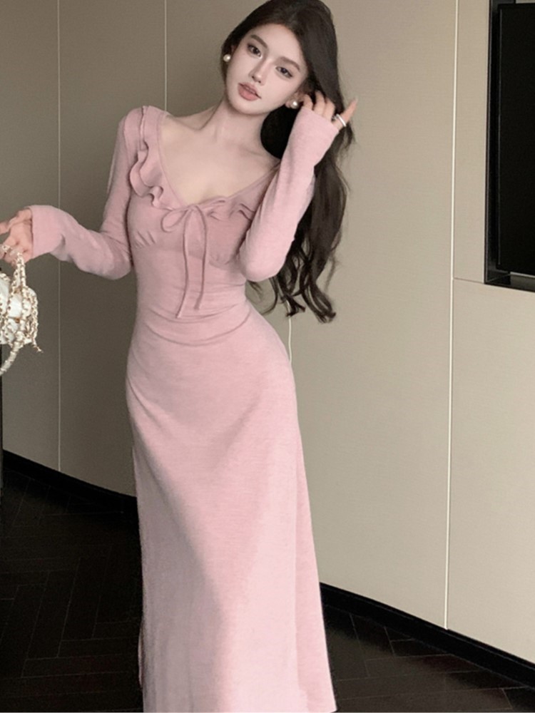 Elegant Solid Knitted Dress Women Ruffles V-neck Lace-up Long Sleeve Slim Casual Female Korean Fashion Sexy Midi Vestidos Mujer