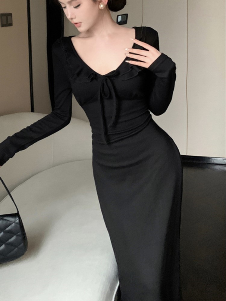 Elegant Solid Knitted Dress Women Ruffles V-neck Lace-up Long Sleeve Slim Casual Female Korean Fashion Sexy Midi Vestidos Mujer