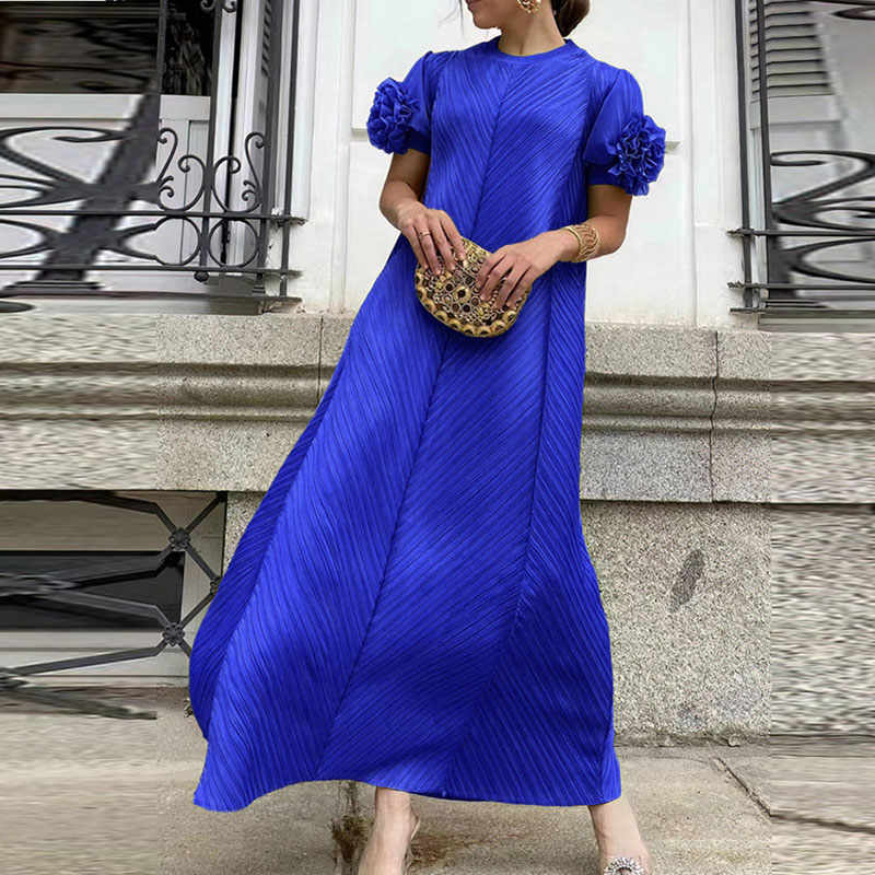 Women Casual Flower Short Sleeved Commuting Dress 2024 New O Neck High Waist Pleated Party Dress Fashion Multi-color Loose Dress