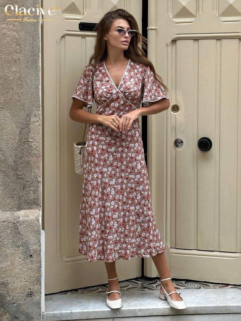 Clacive Summer Loose Print Women's Dress 2024 Fashion V-Neck Short Sleeve Midi Dresses Elegant Classic Pattern Female Dress