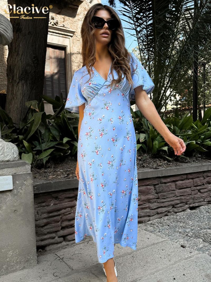 Clacive Summer Loose Print Women's Dress 2024 Fashion V-Neck Short Sleeve Midi Dresses Elegant Classic Pattern Female Dress