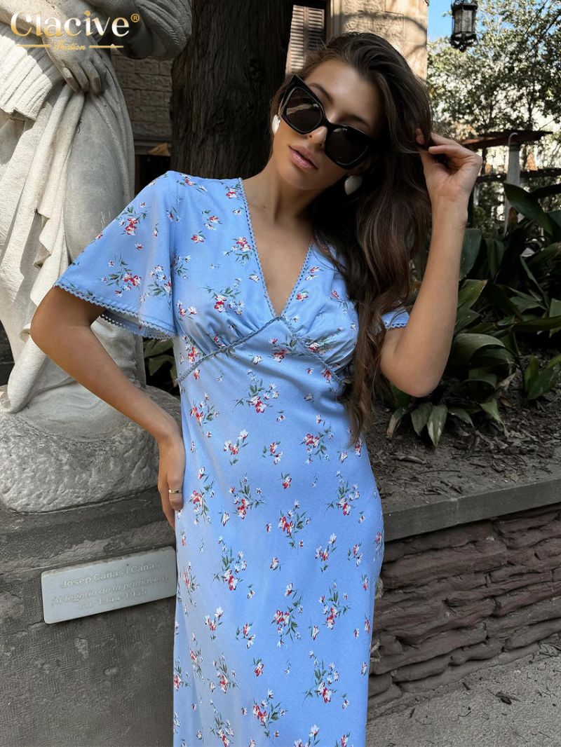 Clacive Summer Loose Print Women's Dress 2024 Fashion V-Neck Short Sleeve Midi Dresses Elegant Classic Pattern Female Dress