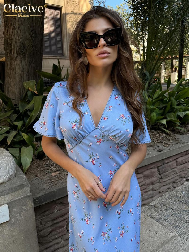 Clacive Summer Loose Print Women's Dress 2024 Fashion V-Neck Short Sleeve Midi Dresses Elegant Classic Pattern Female Dress