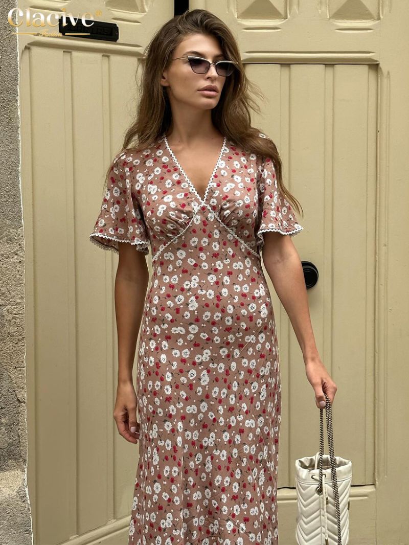 Clacive Summer Loose Print Women's Dress 2024 Fashion V-Neck Short Sleeve Midi Dresses Elegant Classic Pattern Female Dress