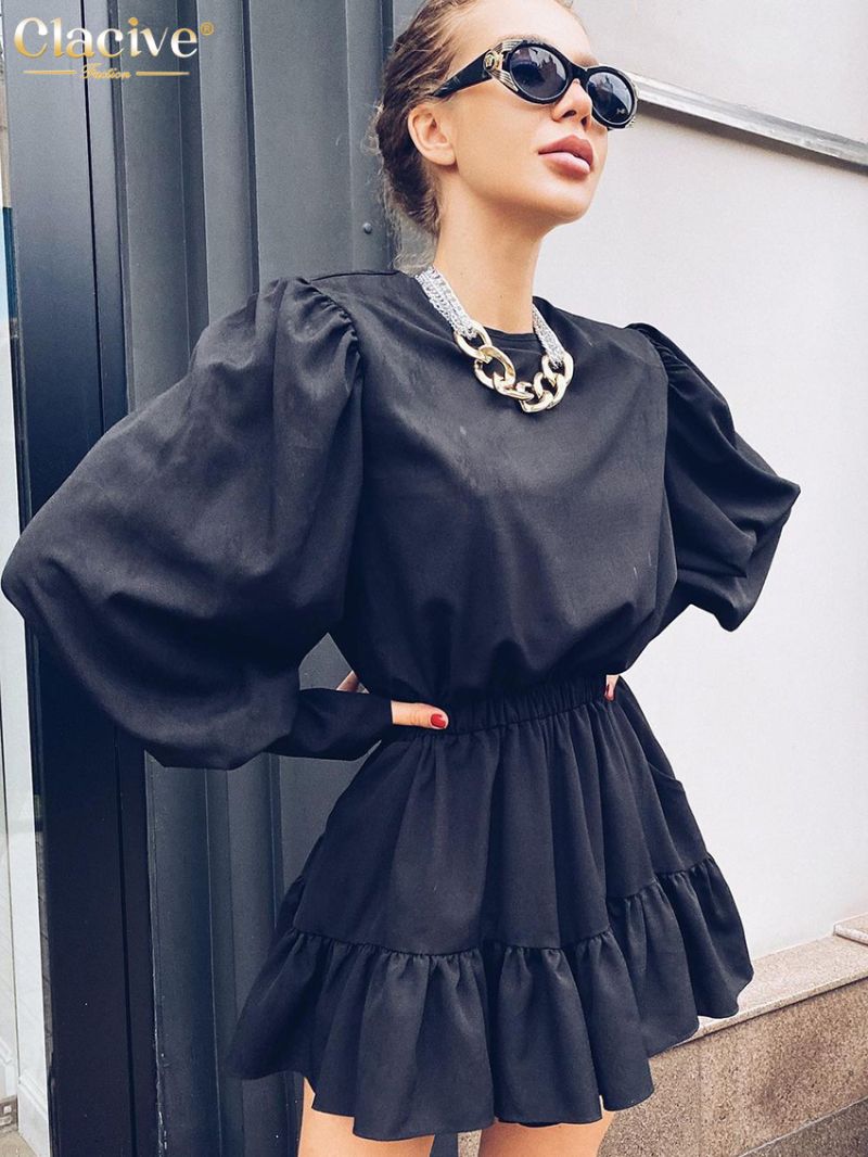 Clacive Fashion Black Elegant Dresses For Women Bodycon O-Neck Lantern Sleeve Mini Dress Lady Streetwear Vintage Pleated Dress