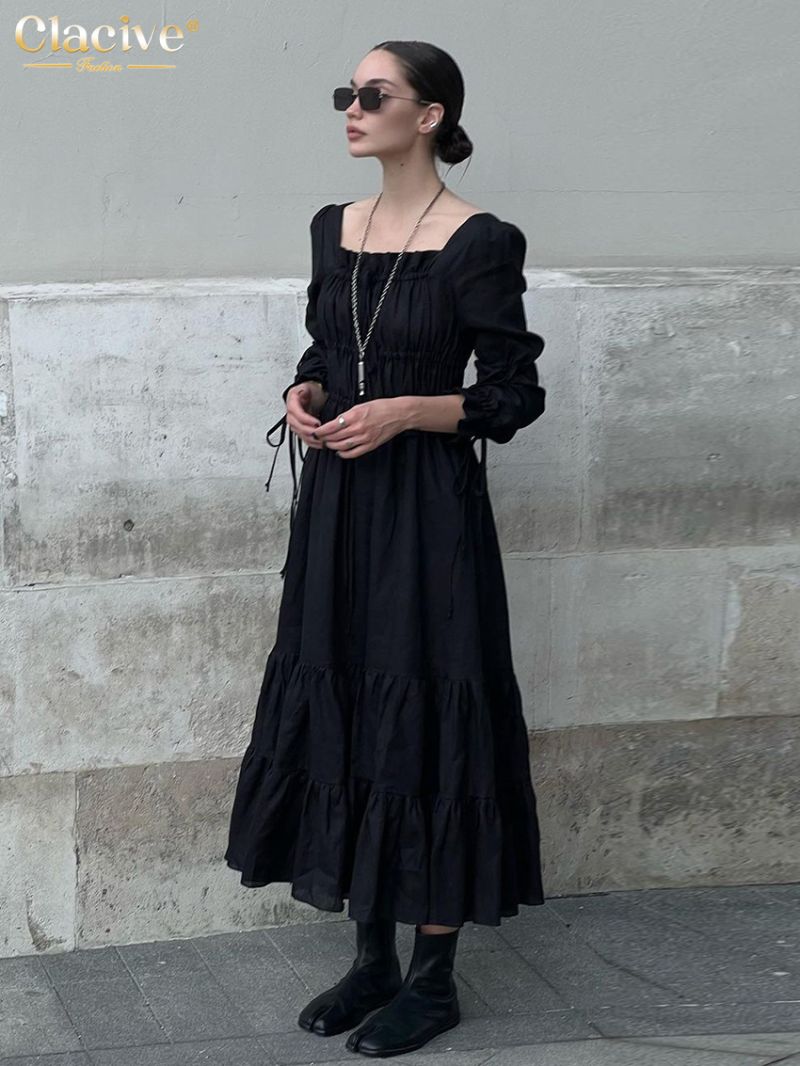 Clacive Fashion Black Cotton Women Dress 2024 Casual Square Collar Long Sleeve Ankle Length Dresses Elegant Classic Female Dress