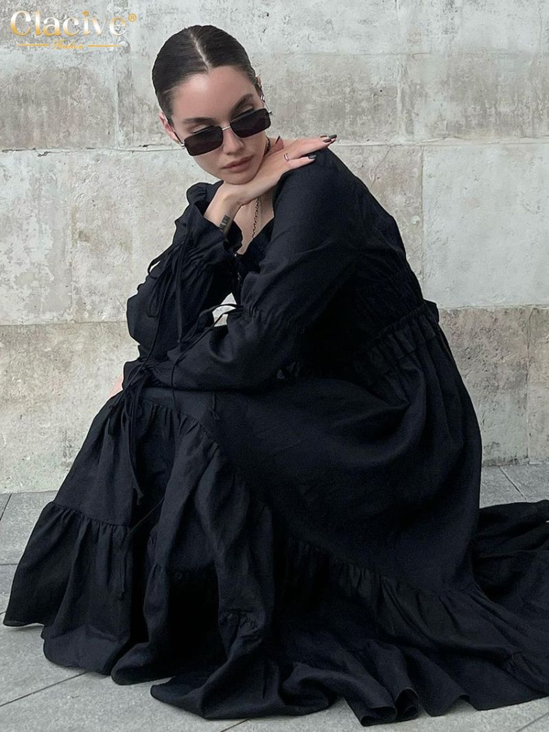 Clacive Fashion Black Cotton Women Dress 2024 Casual Square Collar Long Sleeve Ankle Length Dresses Elegant Classic Female Dress