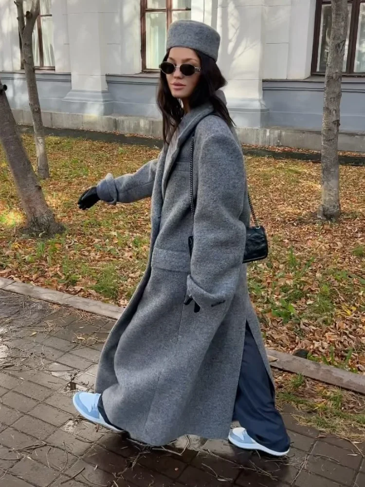 2024 Autumn Woolen New Grey Lapel Long Coats Women Elegant Double-breasted Pockets Long Sleeves Overcoat Lady Street Outerwear