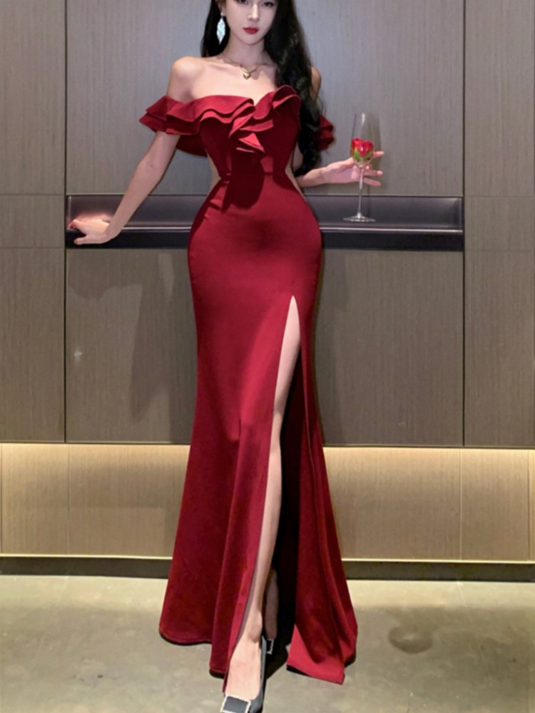 Sexy Bodycon Maxi Dresses Women Wedding Evening Party Dress Prom Robe Ruffles Slash Neck High Split Hollow Out Summer Vestido