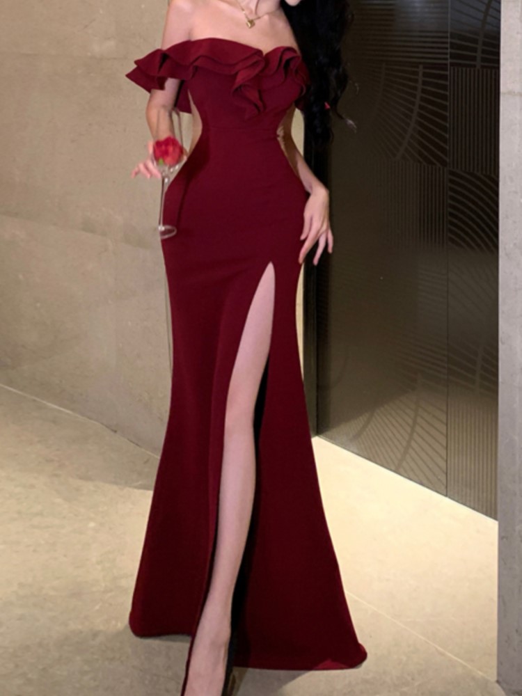 Sexy Bodycon Maxi Dresses Women Wedding Evening Party Dress Prom Robe Ruffles Slash Neck High Split Hollow Out Summer Vestido