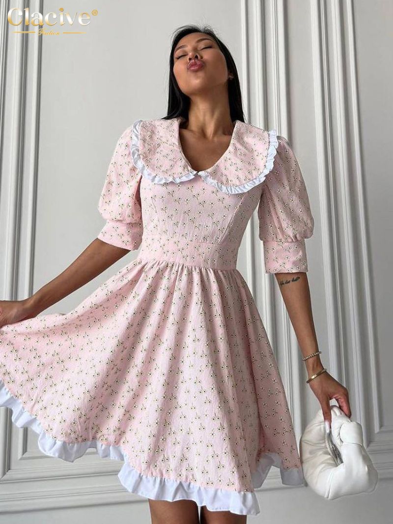 Clacive Fashion Loose Print Women's Dress Summer Doll Collar Short Sleeve Mini Dresses Elegant High Waist Pleated Female Dress