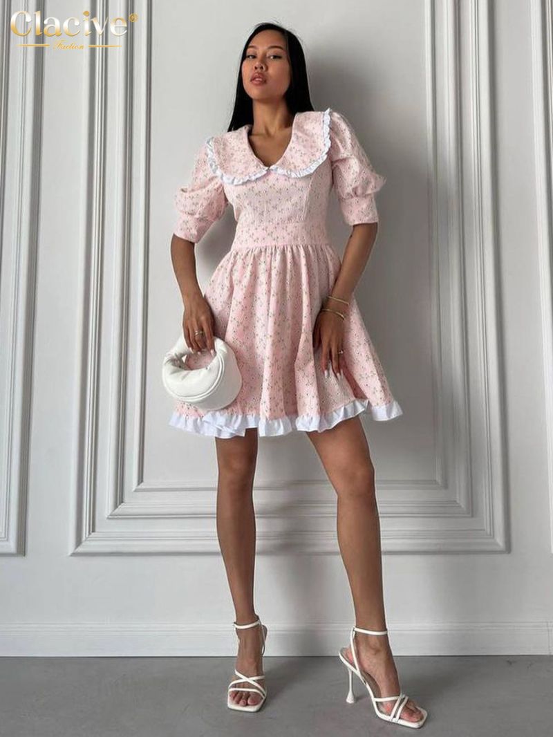 Clacive Fashion Loose Print Women's Dress Summer Doll Collar Short Sleeve Mini Dresses Elegant High Waist Pleated Female Dress