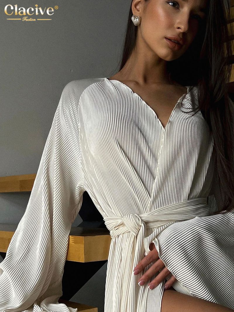 Clacive Fashion Loose White Pleated Women Dress Casual V-Neck Long Sleeve Ankle Length Dresses Elegant Lace-Up Slit Female Dress