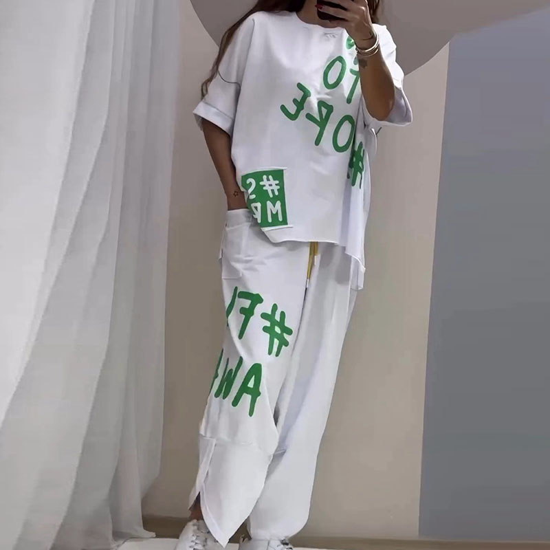 Casual Letter Printed Sports Two Piece Sets Women's O-neck Short Sleeved Top with Pants Suit Summer Loose Street Women's Outfits