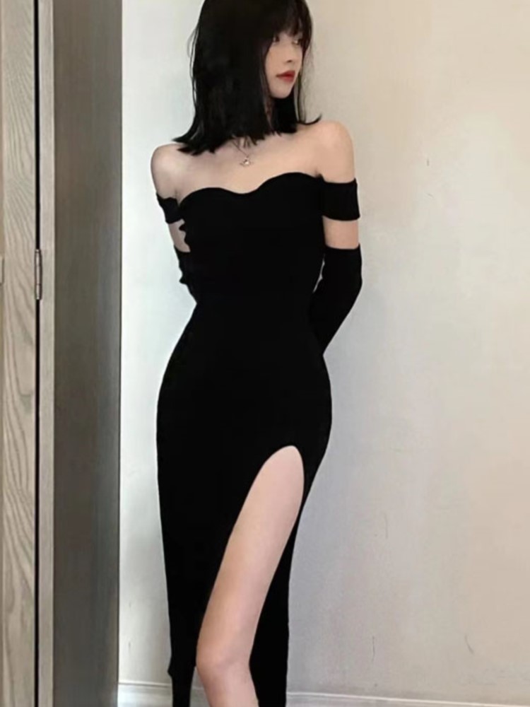 Autumn Sexy Black Knitted Dresses for Women High Split Off Shoulder Female Club Party Dress Y2K Bodycon Harajuku Vestidos New