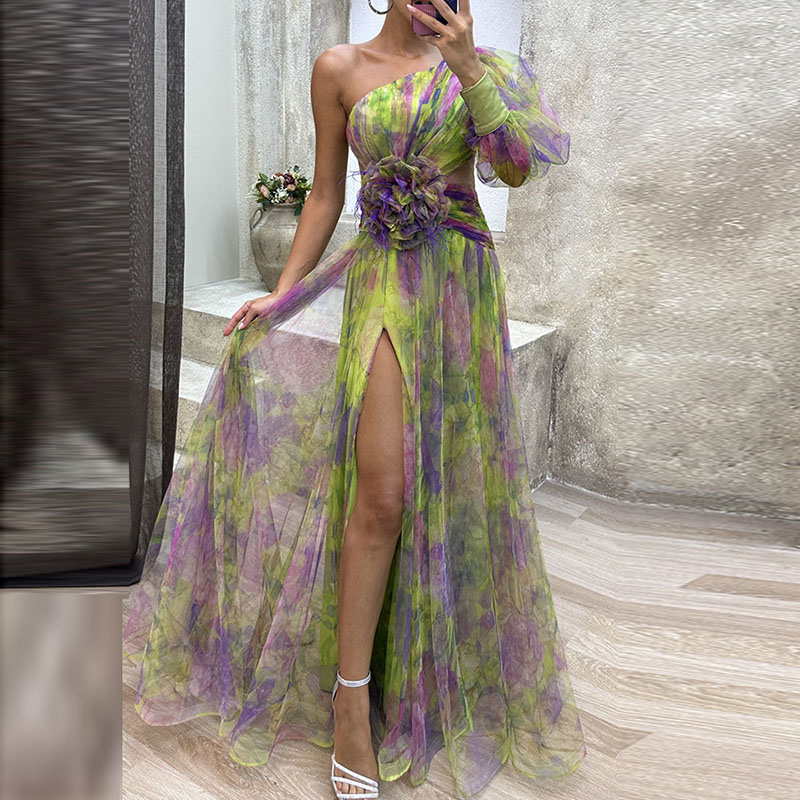 2023 New Party Mesh Diagonal Collar Dress Women's Autumn Flower Print Long Dress Sexy One Shoulder Sleeve High Waist Split Dress