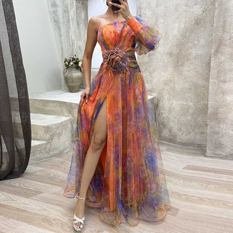 2023 New Party Mesh Diagonal Collar Dress Women's Autumn Flower Print Long Dress Sexy One Shoulder Sleeve High Waist Split Dress