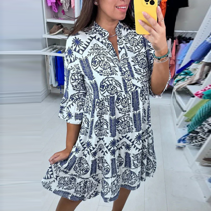 Vintage Pattern Printed Patchwork Pleated Dress Women V Neck 3/4 Sleeves Loose Dress Casual Ladies Commuting Short Dress Vestido