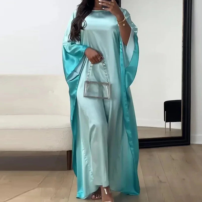 Elegant Color Blocked Pleated Long Dress Female O-neck Batwing Sleeve Loose Dress 2024 Casual High Waist Commuting Robe Dresses