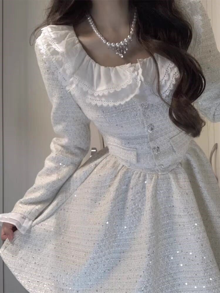 Elegant Princess Dresses for Women Autumn New Long Sleeve Square Collar A-line Korean Fashion Birthday Party Dress Mini Vestidos