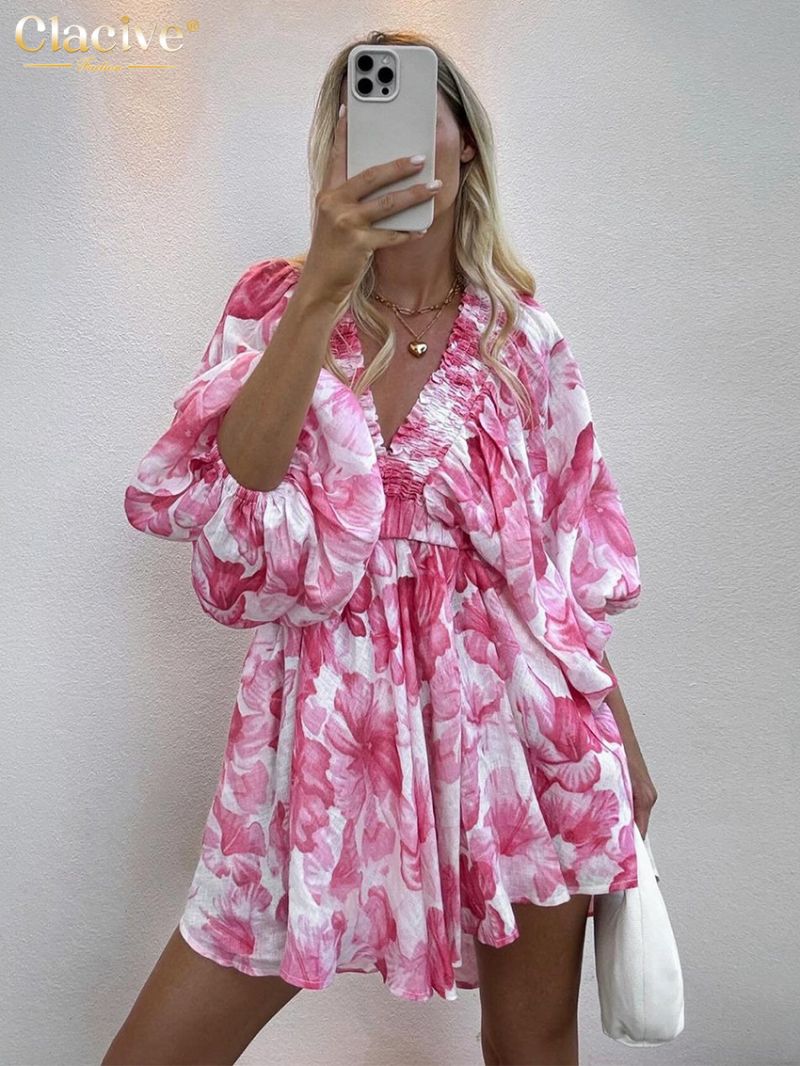 Clacive Sexy Loose Print Women's Dress 2024 Casual V-Neck Puff Sleeve Mini Dresses Elegant Classic Pleated Female Sundresses