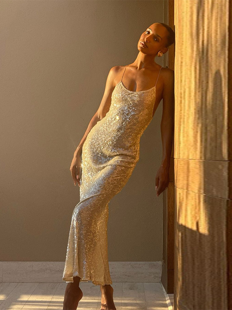 Women Sexy Solid Sequin Shinny Slim Maxi Dresses Fashion Square Neck Sleeveless Backless Robes 2024 Lady Evening Party Gowns