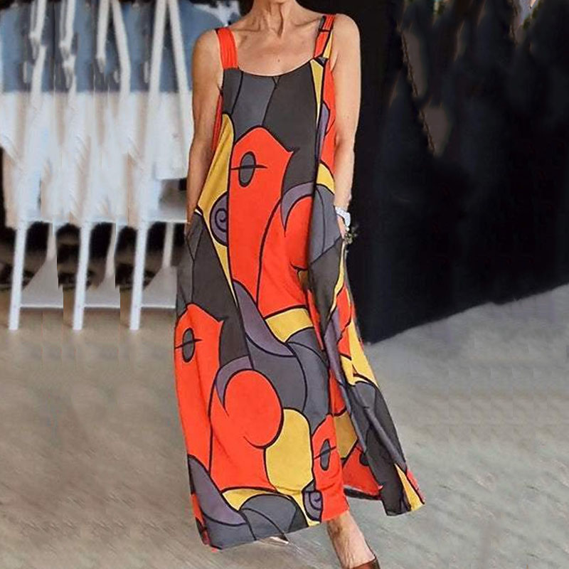 New Geometric Printed Pocket Loose Dress Women Elegant Off Shoulder Summer Strap Dress 2024 Casual Sleeveless Beach Long Dresses