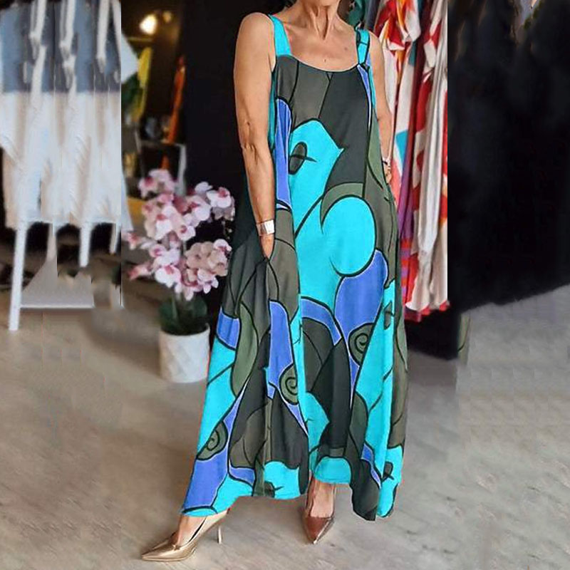 New Geometric Printed Pocket Loose Dress Women Elegant Off Shoulder Summer Strap Dress 2024 Casual Sleeveless Beach Long Dresses