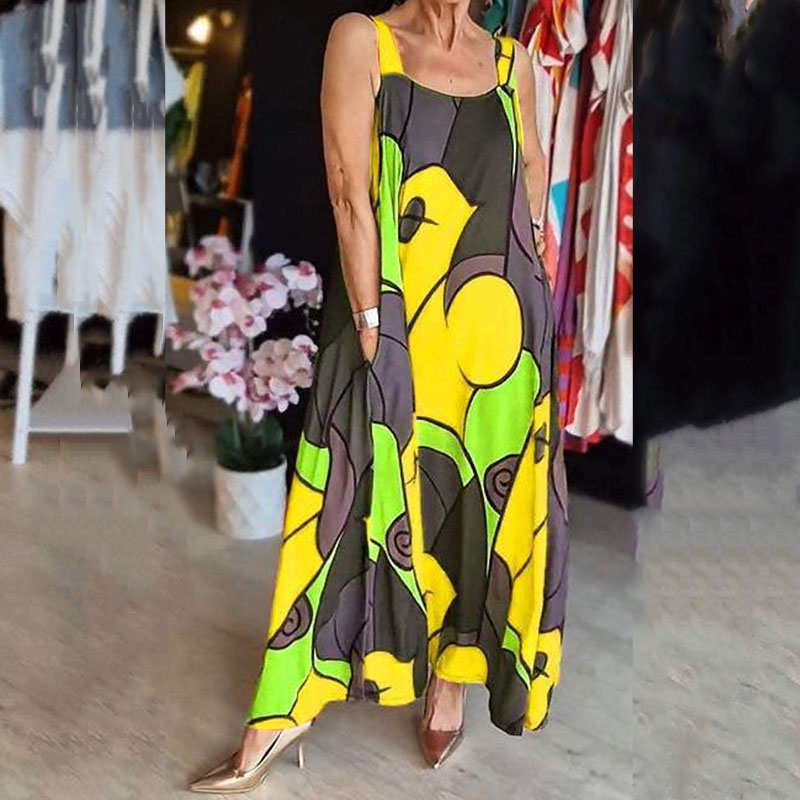 New Geometric Printed Pocket Loose Dress Women Elegant Off Shoulder Summer Strap Dress 2024 Casual Sleeveless Beach Long Dresses