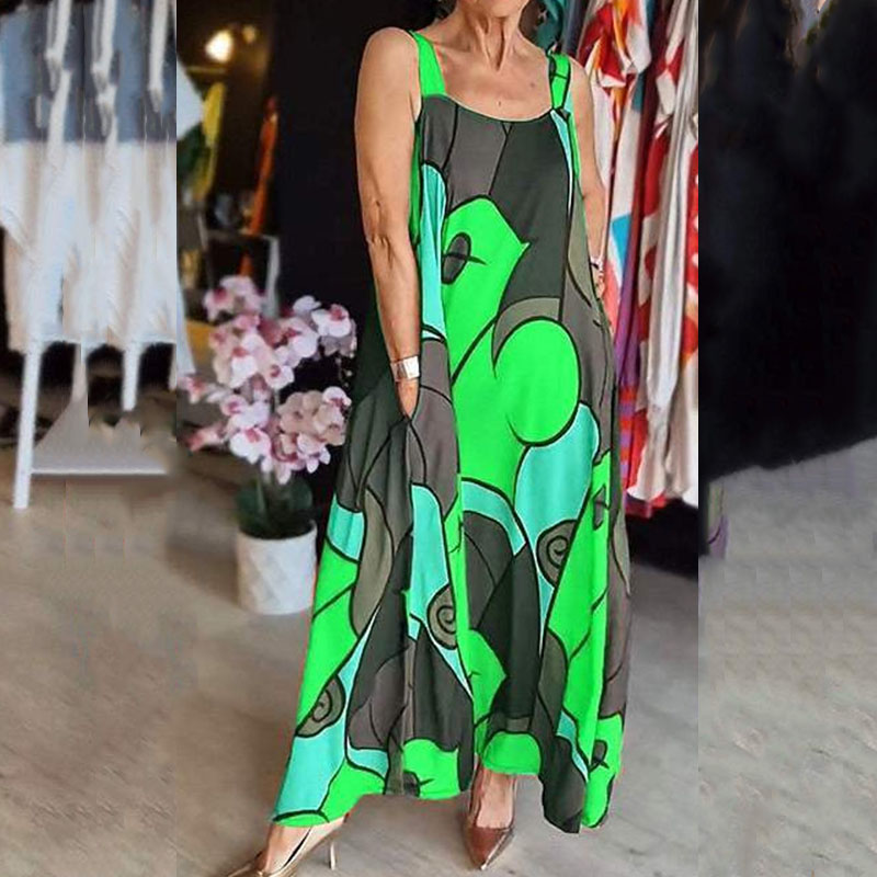 New Geometric Printed Pocket Loose Dress Women Elegant Off Shoulder Summer Strap Dress 2024 Casual Sleeveless Beach Long Dresses