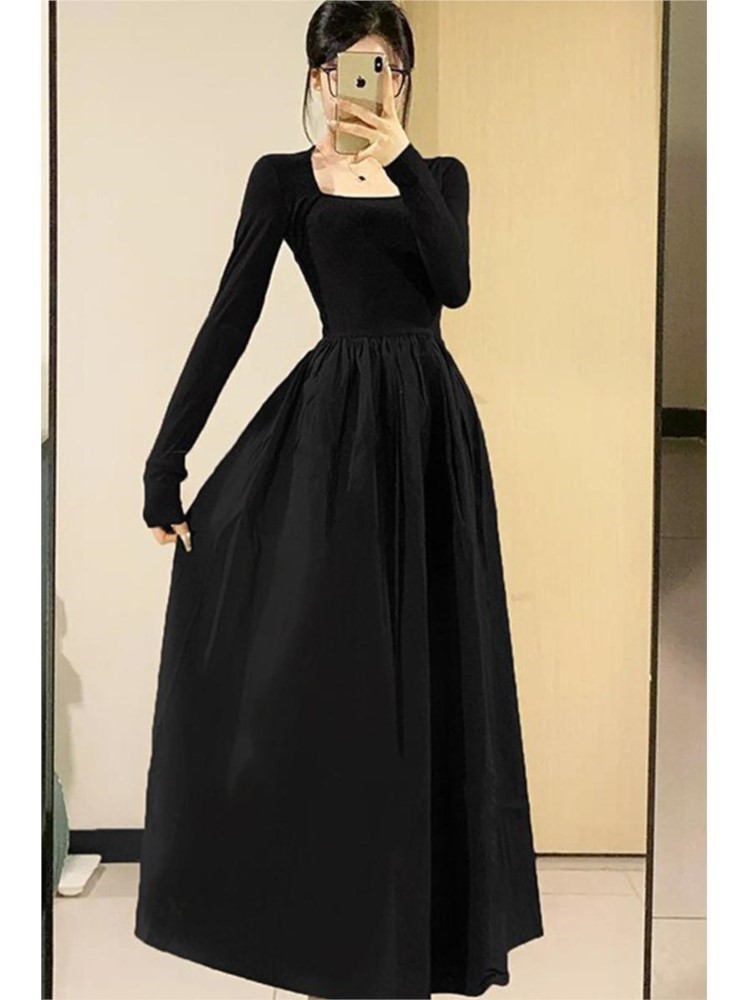 French Black Dresses for Women Long Sleeve Square Collar A-line Korean Fashion Autumn New Dress Casual Vestidos Mujer