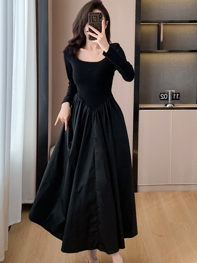 French Black Dresses for Women Long Sleeve Square Collar A-line Korean Fashion Autumn New Dress Casual Vestidos Mujer