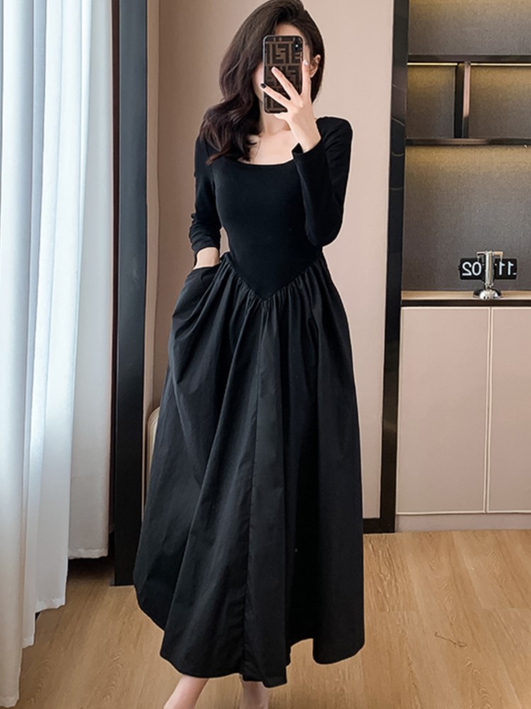 French Black Dresses for Women Long Sleeve Square Collar A-line Korean Fashion Autumn New Dress Casual Vestidos Mujer