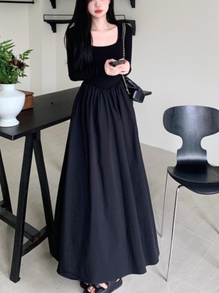 French Black Dresses for Women Long Sleeve Square Collar A-line Korean Fashion Autumn New Dress Casual Vestidos Mujer