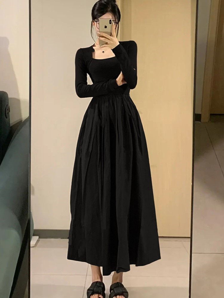 French Black Dresses for Women Long Sleeve Square Collar A-line Korean Fashion Autumn New Dress Casual Vestidos Mujer