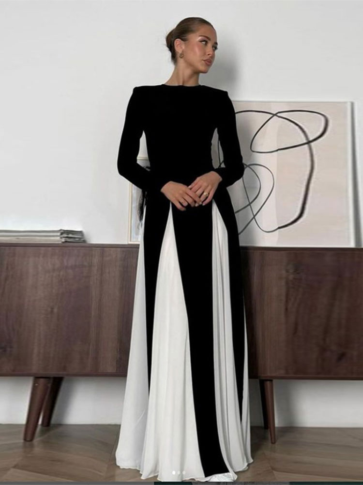 Women Elegant Contrast Double Layered Yarn Maxi Dress Fashion Slim Round Neck Long Sleeves Dresses 2024 Lady Evening Party Robes