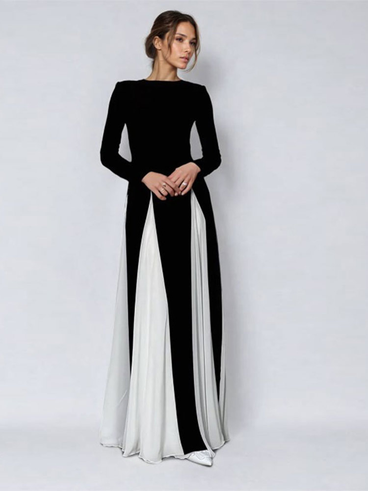 Women Elegant Contrast Double Layered Yarn Maxi Dress Fashion Slim Round Neck Long Sleeves Dresses 2024 Lady Evening Party Robes