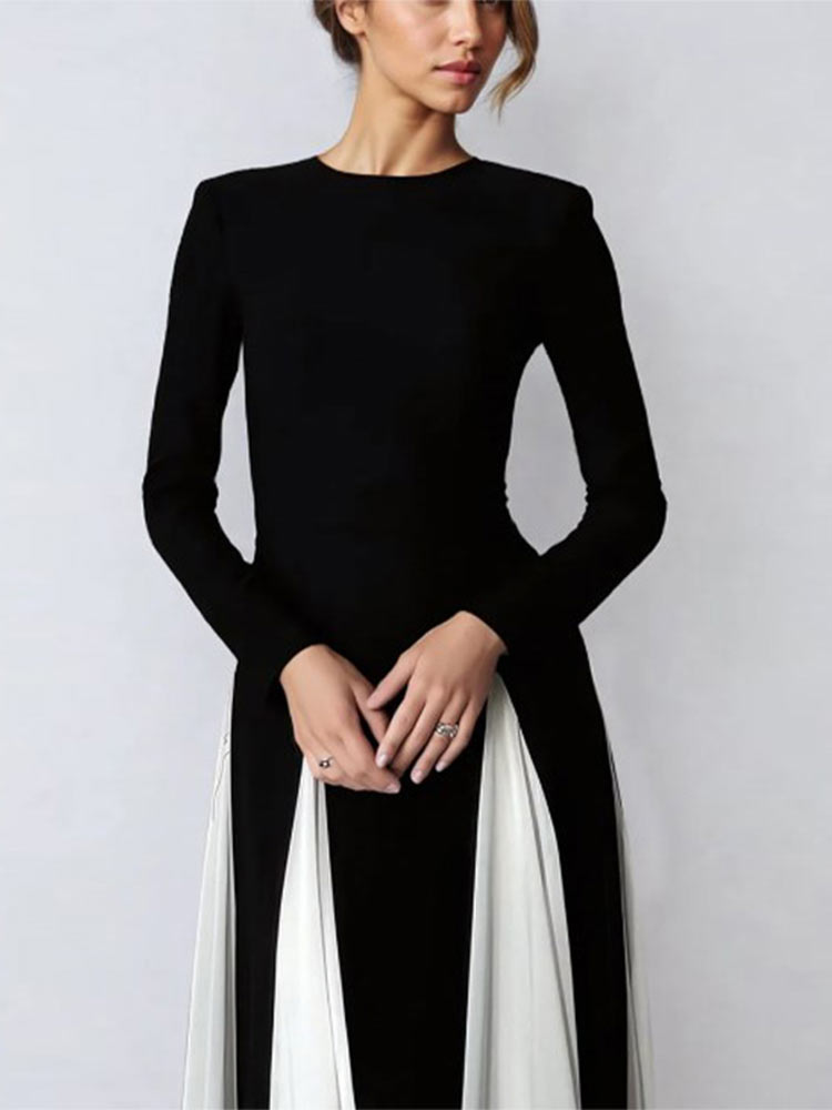 Women Elegant Contrast Double Layered Yarn Maxi Dress Fashion Slim Round Neck Long Sleeves Dresses 2024 Lady Evening Party Robes