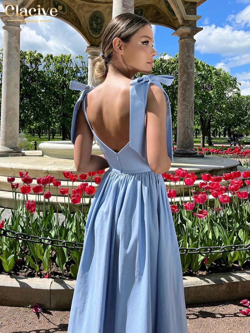 Clacive Sexy Loose Blue Women'S Dress 2024 Summer Strap Sleeveless Ankle Length Dresses Elegant High Waist Pleated Female Dress