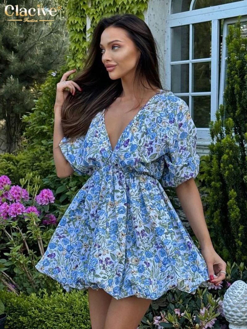 Clacive Sexy Loose Print Women's Dress Fashion Deep V-Neck Short Sleeve Mini Dresses Elegant High Waist Pleated Female Dress