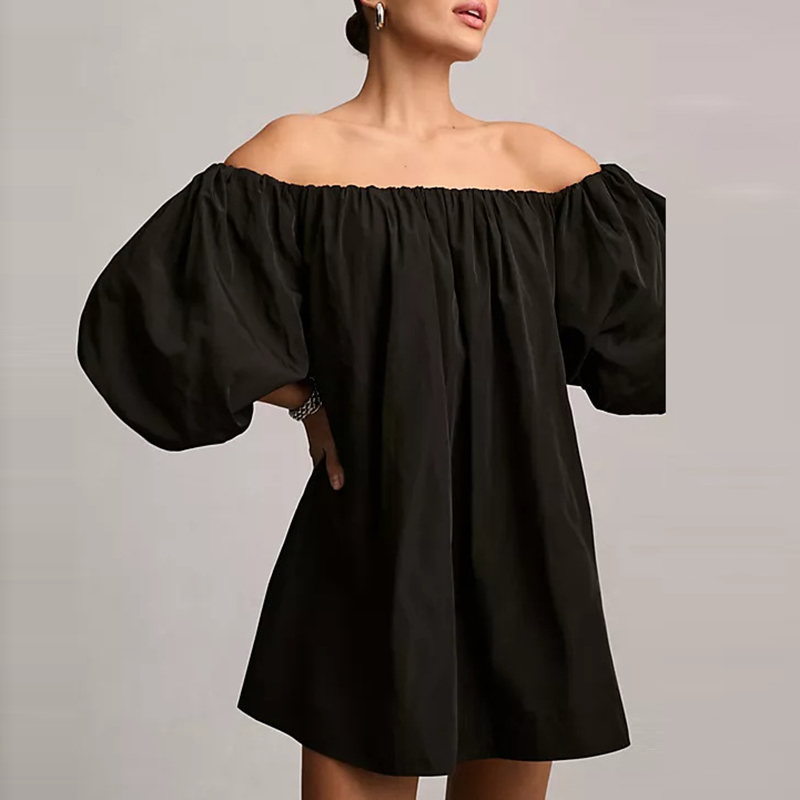 New 2024 Sexy Slash Neck Pleated Mini Dress Women Casual Off Shoulder Puff Sleeve Beach Dress Fashion Solid Color Short Dresses