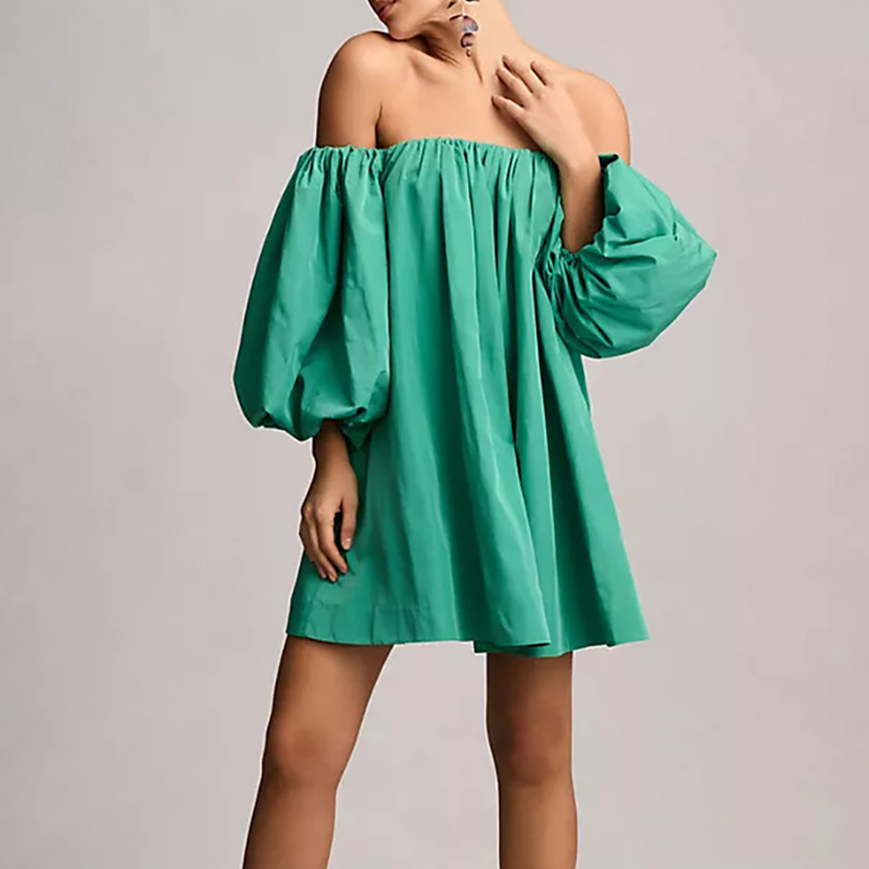 New 2024 Sexy Slash Neck Pleated Mini Dress Women Casual Off Shoulder Puff Sleeve Beach Dress Fashion Solid Color Short Dresses