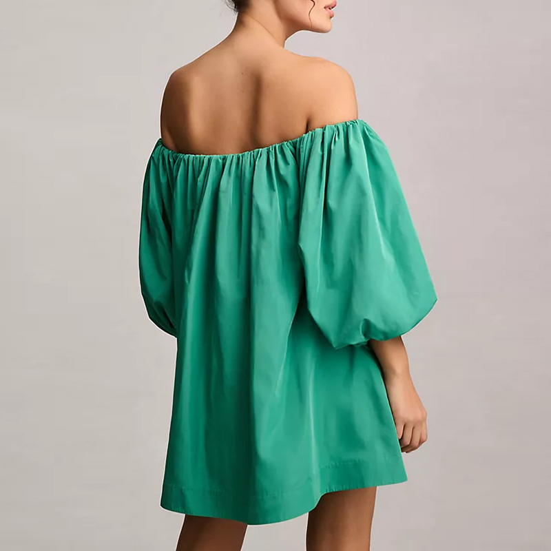 New 2024 Sexy Slash Neck Pleated Mini Dress Women Casual Off Shoulder Puff Sleeve Beach Dress Fashion Solid Color Short Dresses