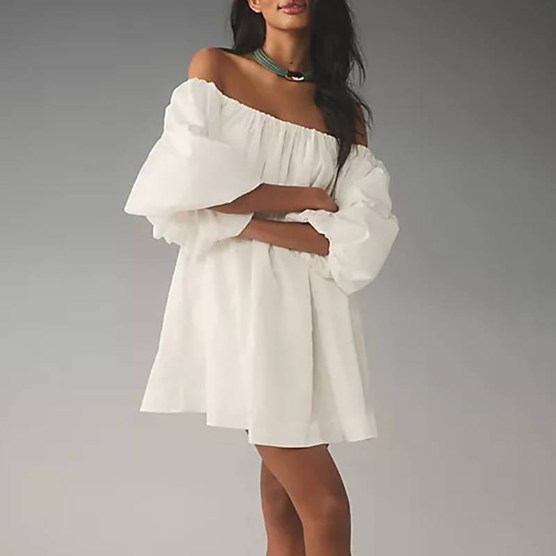 New 2024 Sexy Slash Neck Pleated Mini Dress Women Casual Off Shoulder Puff Sleeve Beach Dress Fashion Solid Color Short Dresses