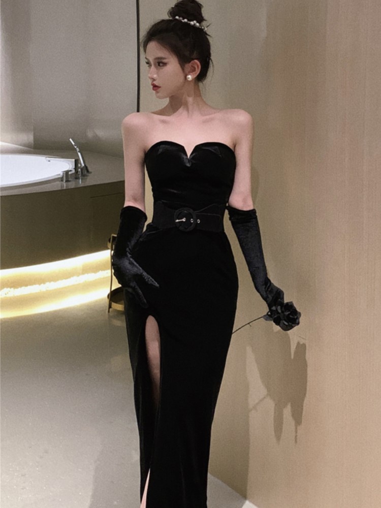 Sexy Bodycon Black Velvet Evening Dresses for Women Slim Waist High Split Prom Robe Strapless Party Dress Vestidos Mujer New