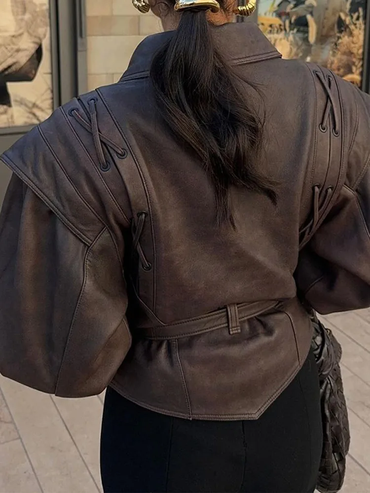 Leather Woman Short Jacket With Belt Turn Down Collar Long Sleeve Motorcycle Coat Ladies Winter Warm Fashion Street Outerwear