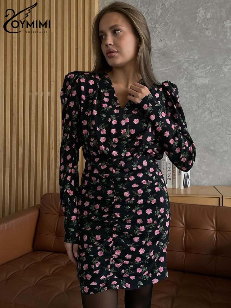 Oymimi Elegant Black Print Dresses For Women 2023 Fashion V-Neck Long Sleeve Dresses Casual Straight Mini Dress Female Clothing