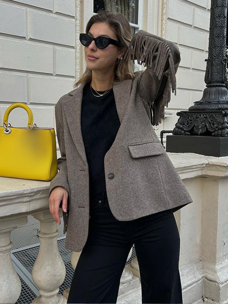 Autumn Tassel Casual Blazer Jacket Women Fashion Single Breasted Solid Female Lapel Collar Outerwear 2024 New Lady Coat Top