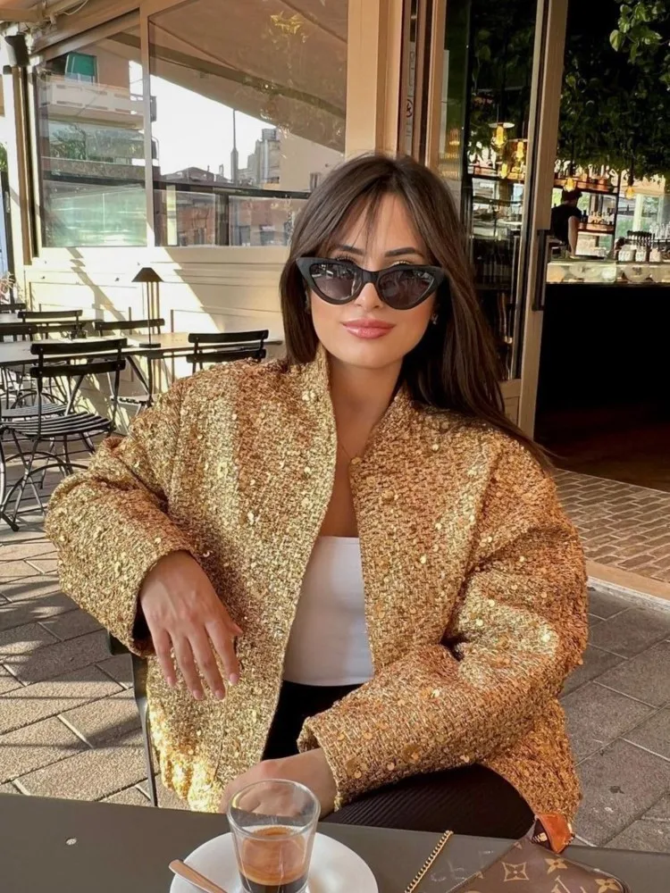 2024 Autumn Sequins Sparkling Golden Stand Collar Jacket Women Winter Long Sleeve Loose Female Coats Streetwear Lady Coat