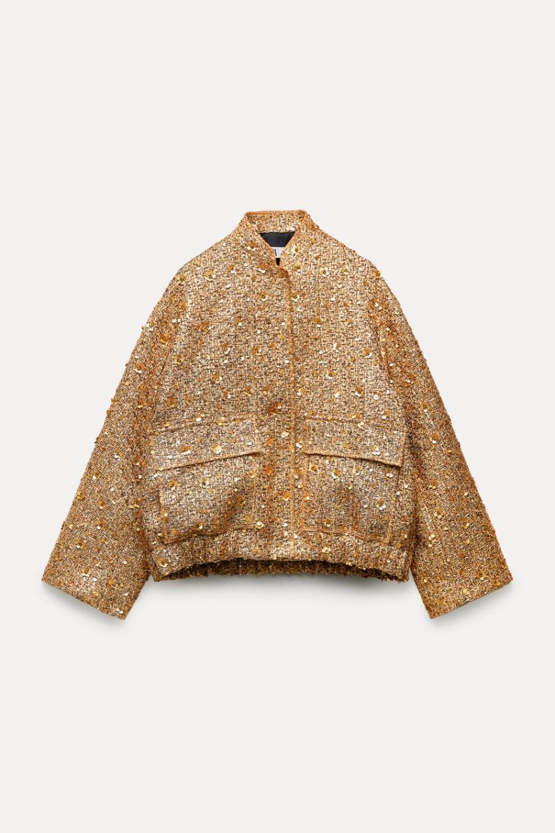 2024 Autumn Sequins Sparkling Golden Stand Collar Jacket Women Winter Long Sleeve Loose Female Coats Streetwear Lady Coat